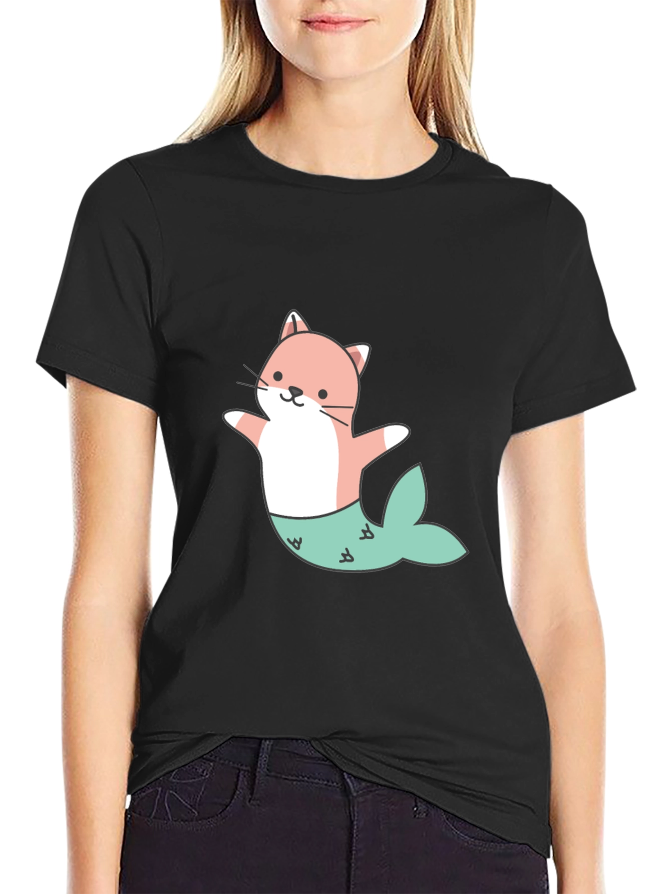 Cute Cat Mermaid Graphic Tee - Black Unisex T-Shirt