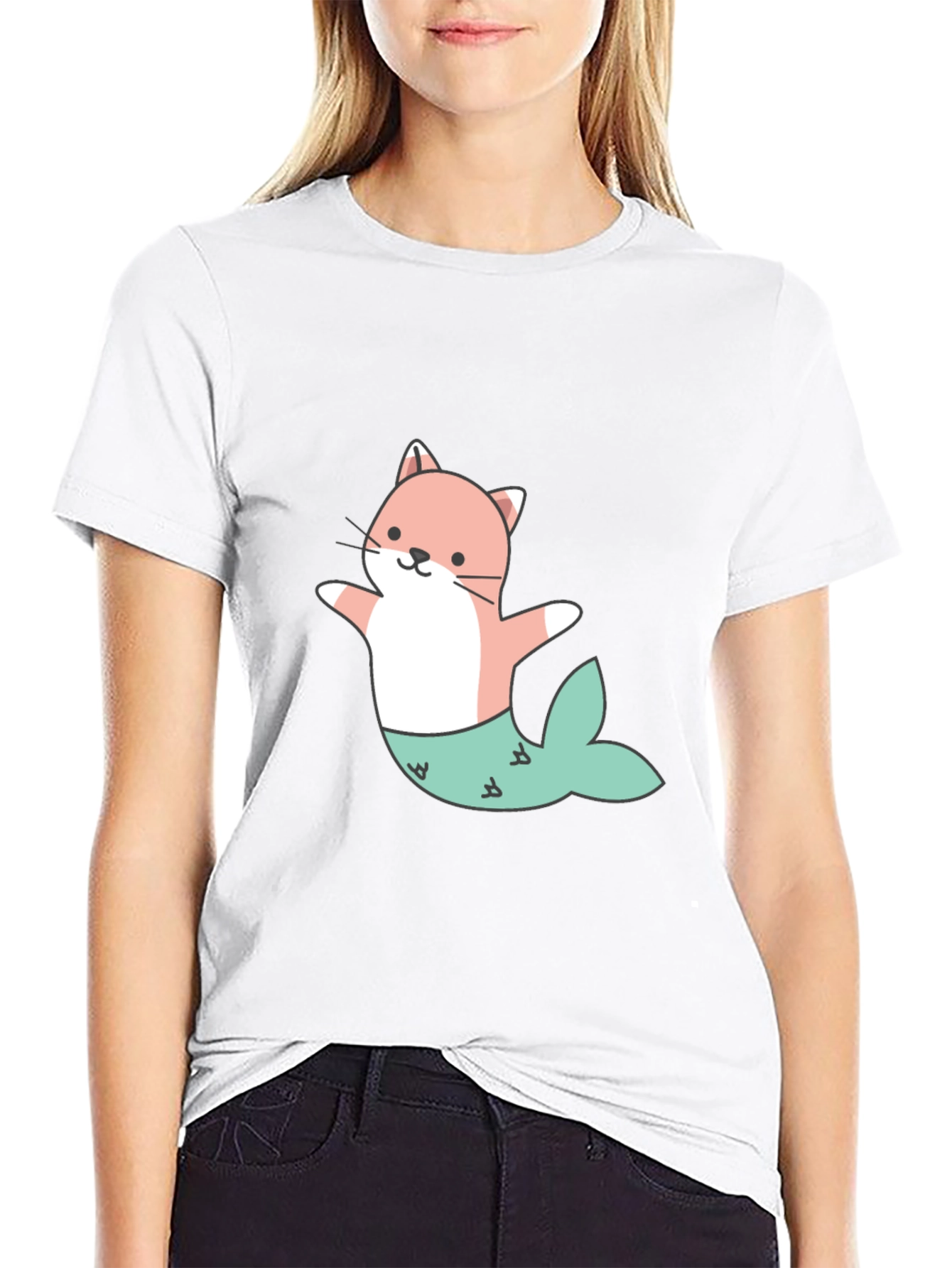 Cute Cat Mermaid Graphic Tee - Black Unisex T-Shirt