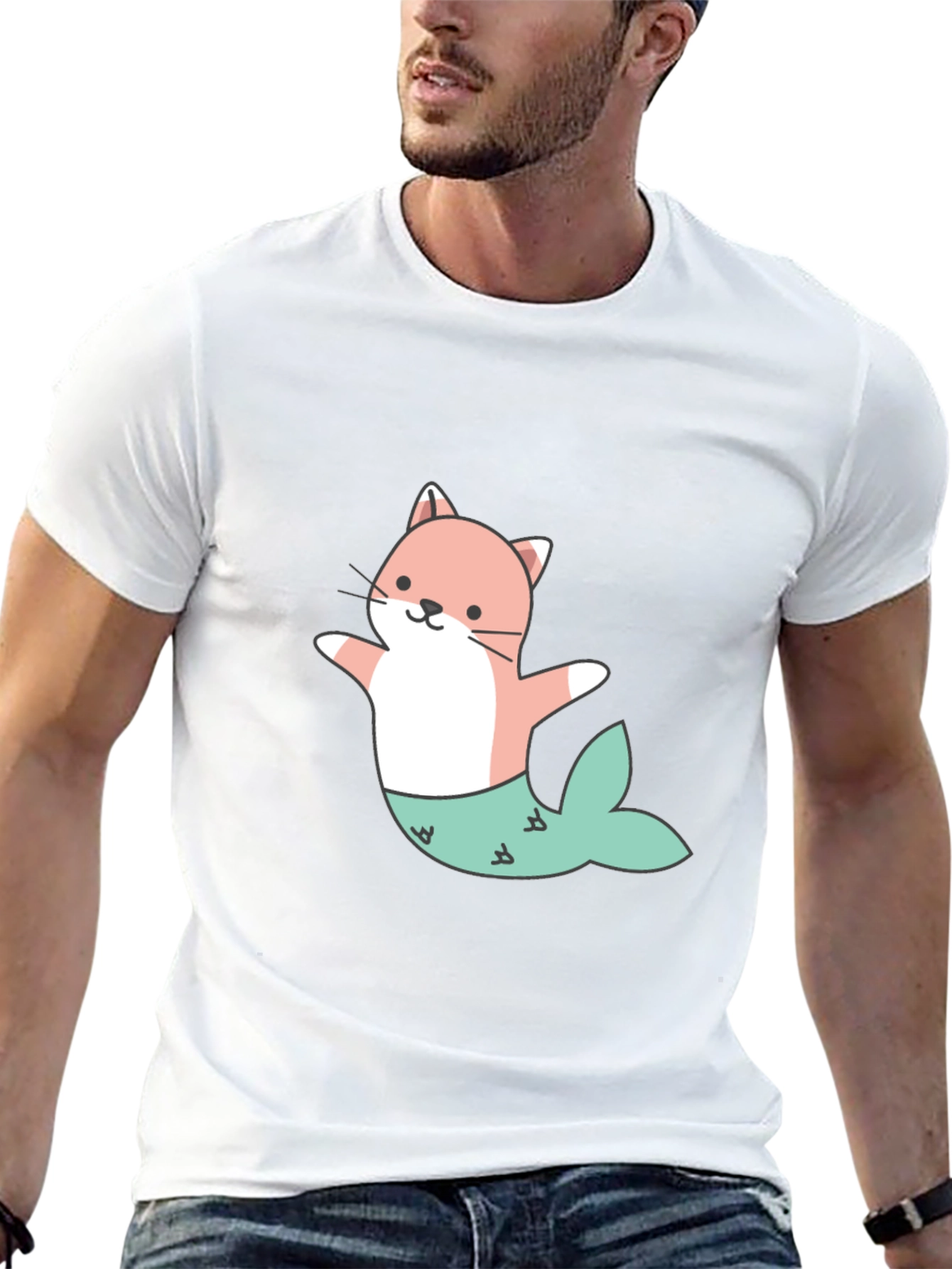 Cute Cat Mermaid Graphic Tee - Black Unisex T-Shirt