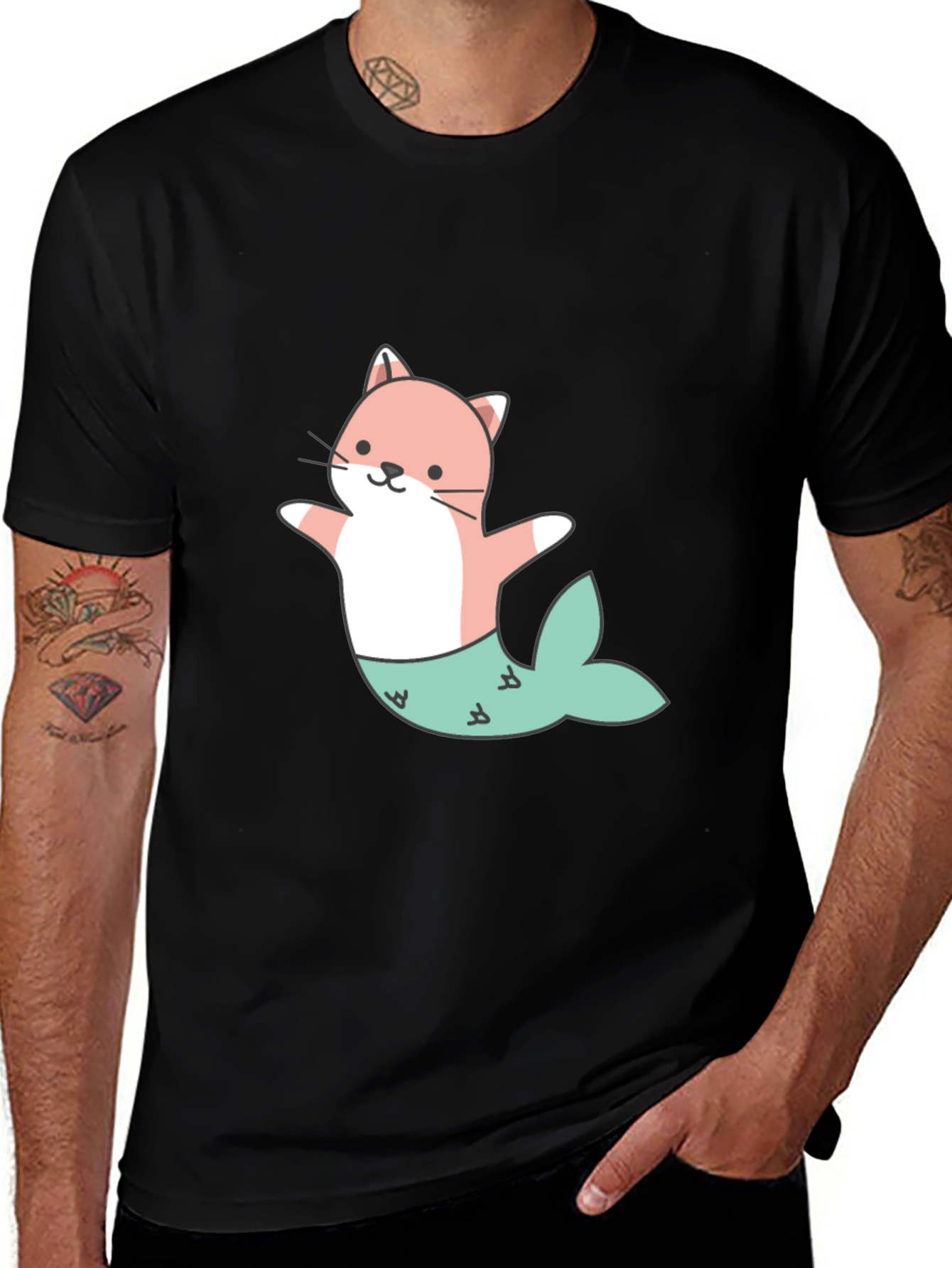 Cute Cat Mermaid Graphic Tee - Black Unisex T-Shirt