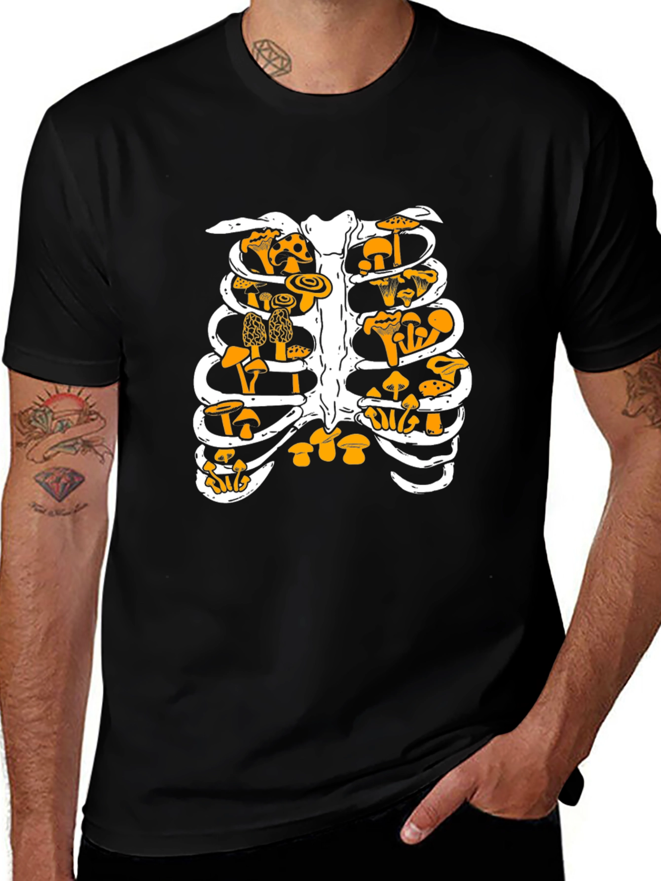 Mushroom Ribcage Graphic Tee - Unique Black T-Shirt