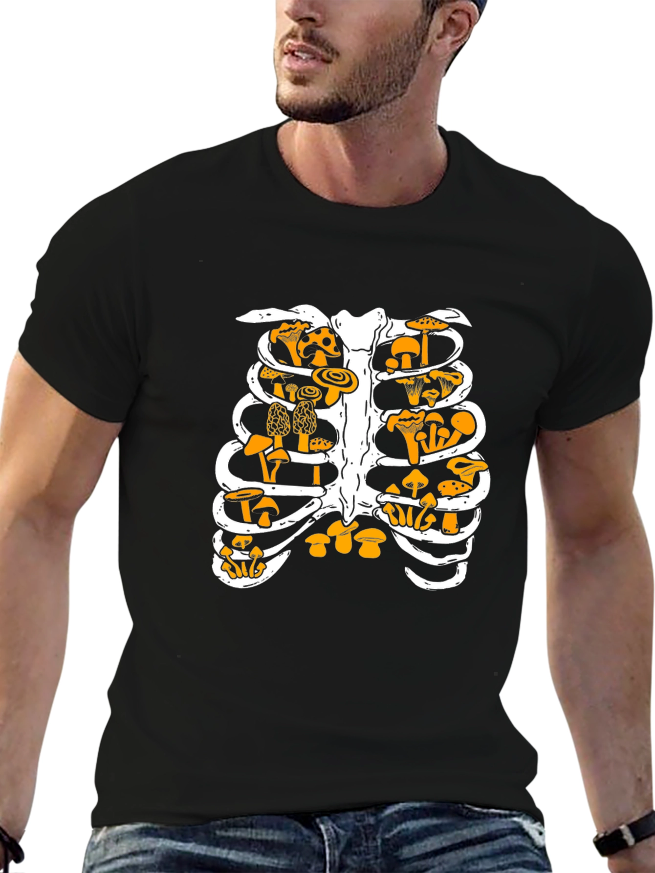 Mushroom Ribcage Graphic Tee - Unique Black T-Shirt