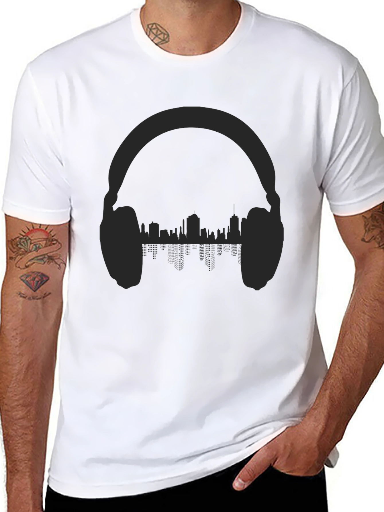 Urban Beats Tee - Headphones & Cityscape Design