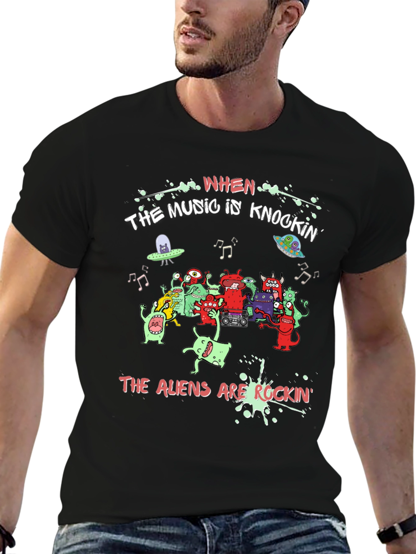 Aliens Rockin Black Graphic Tee