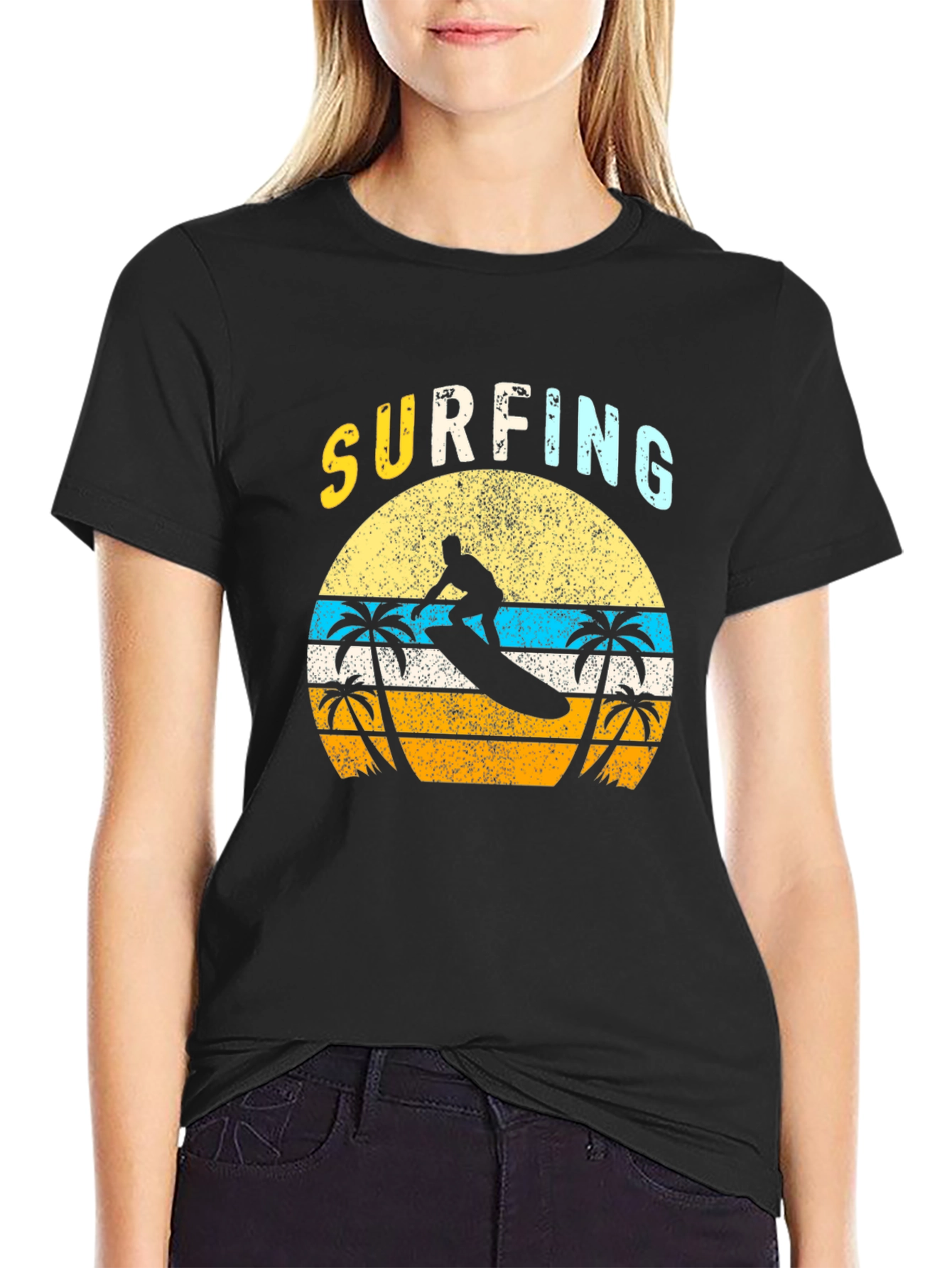 Retro Surfing Graphic T-Shirt - Black