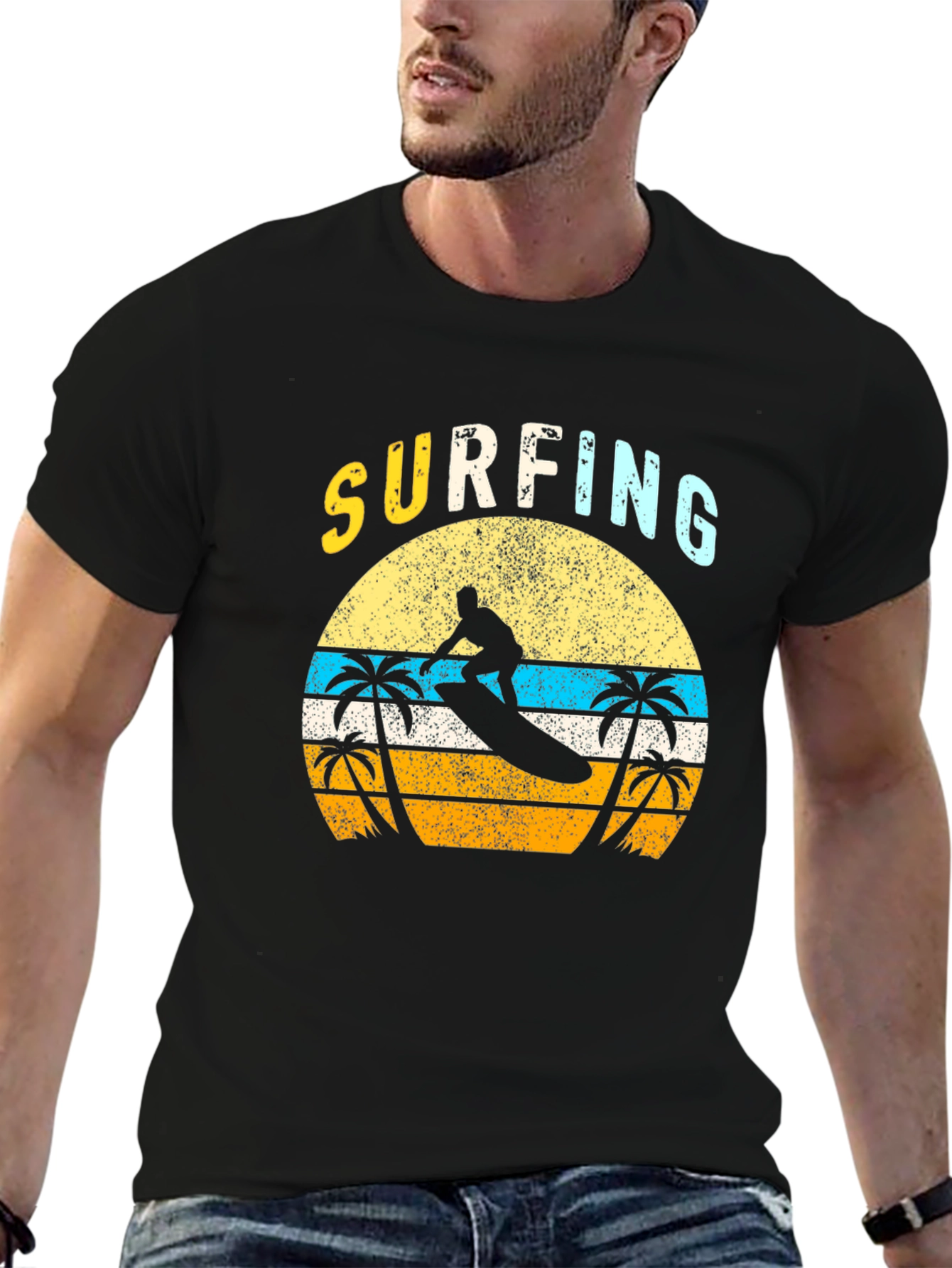Retro Surfing Graphic T-Shirt - Black