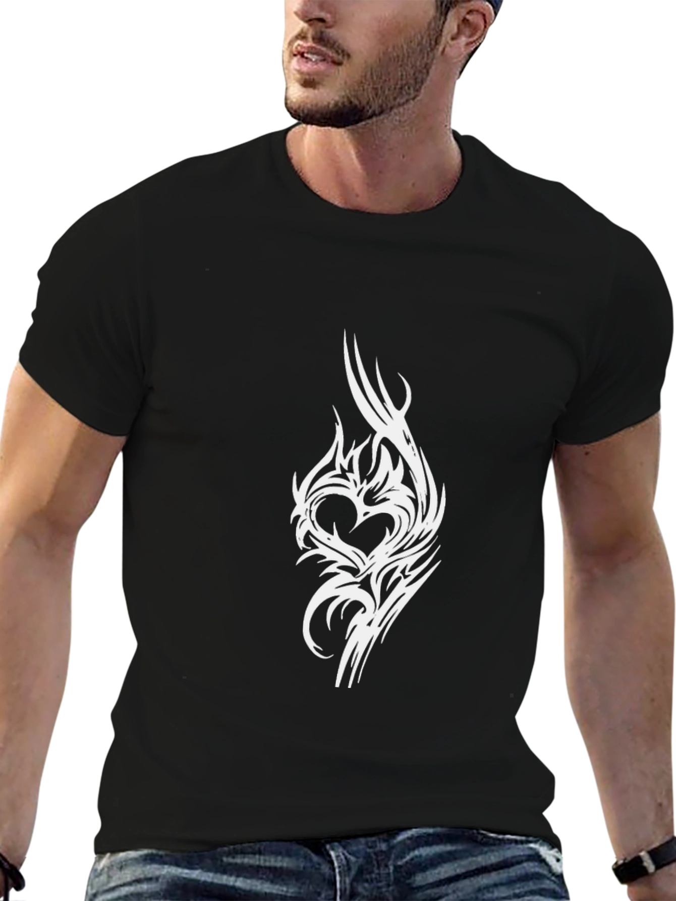 Black Tee with Tribal Heart Design