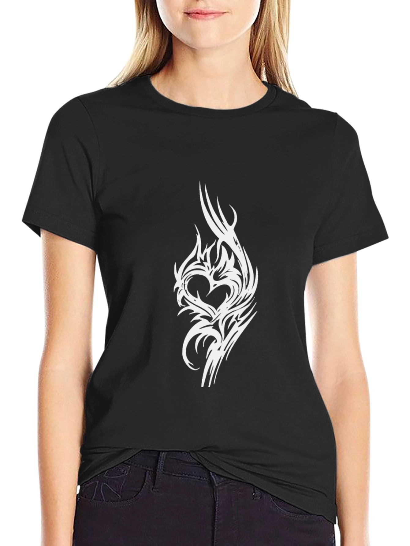 Black Tee with Tribal Heart Design