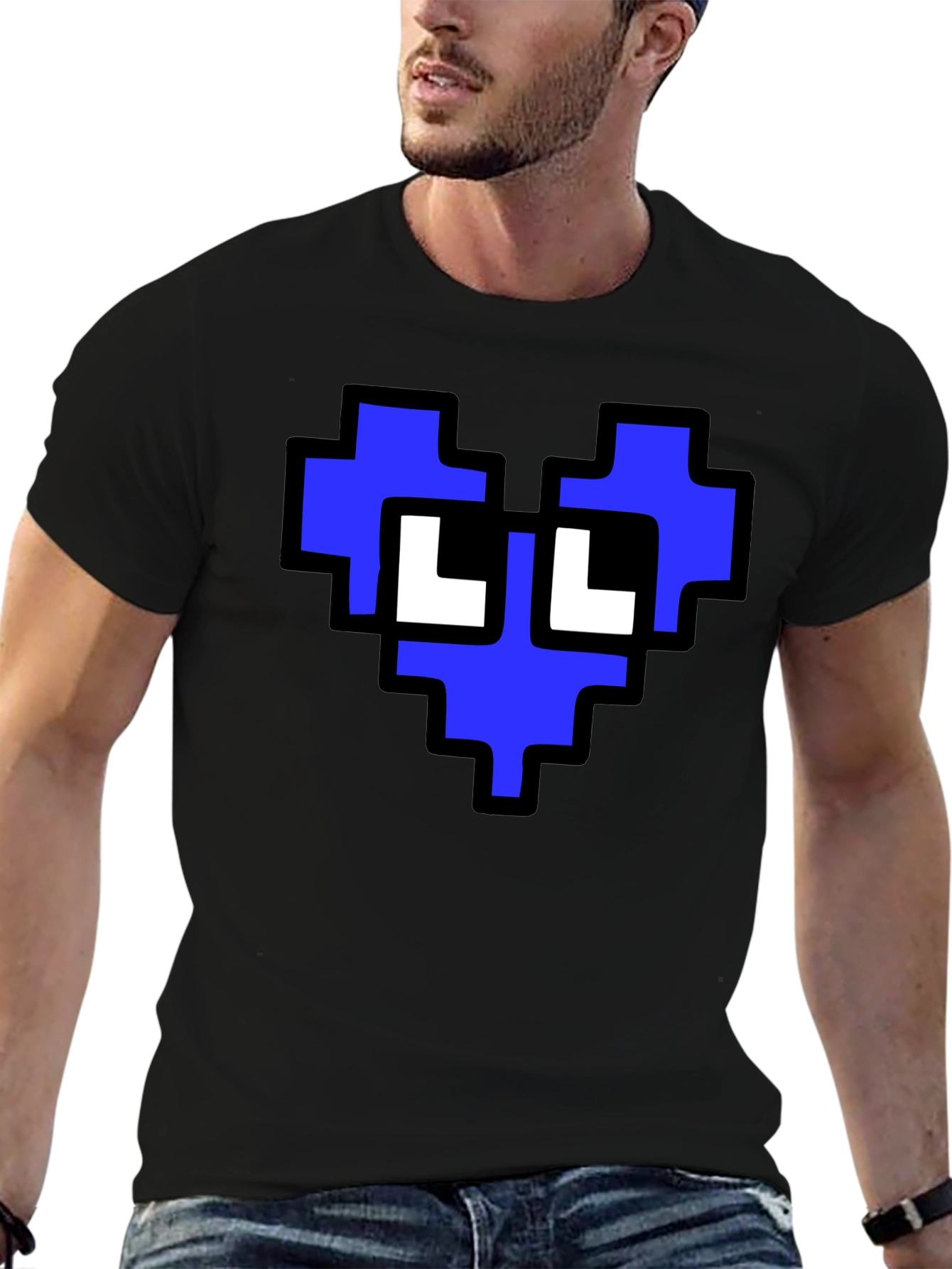 Pixel Heart Graphic T-Shirt - Blue and White Design