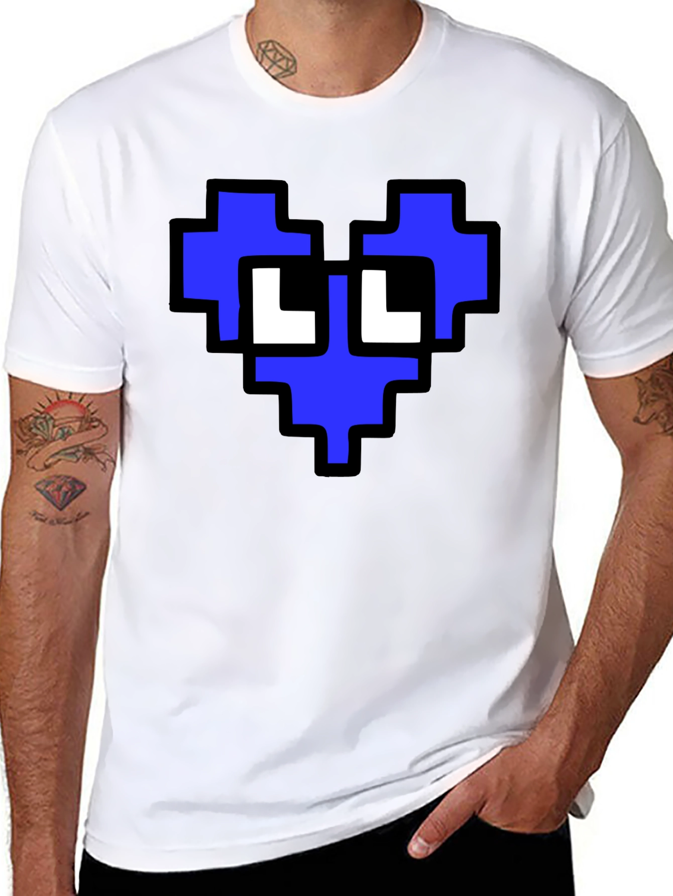 Pixel Heart Graphic T-Shirt - Blue and White Design