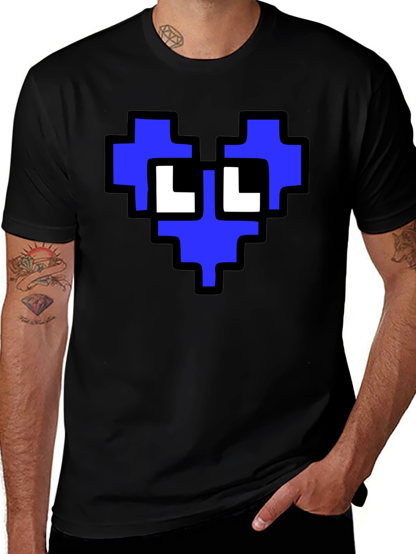 Pixel Heart Graphic T-Shirt - Blue and White Design