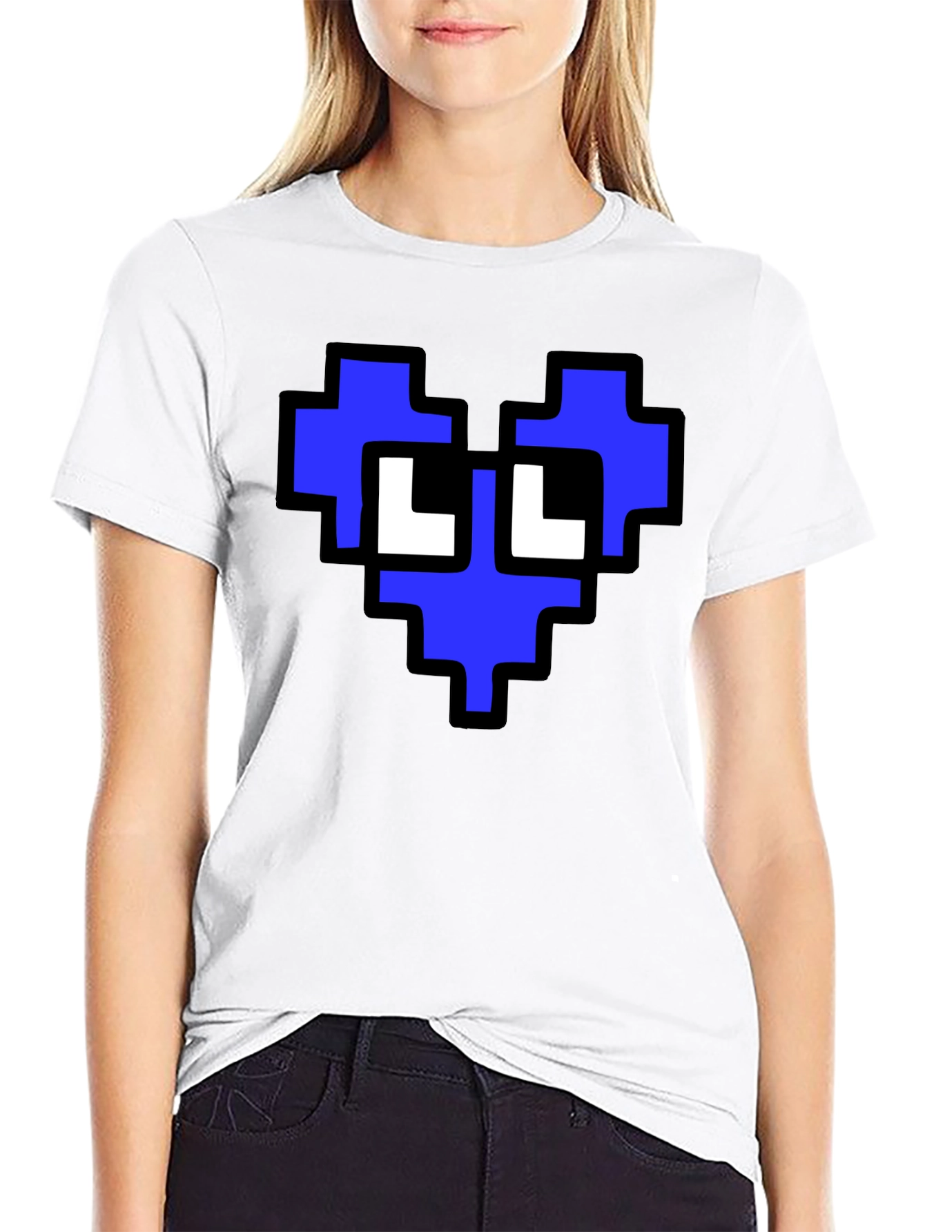 Pixel Heart Graphic T-Shirt - Blue and White Design