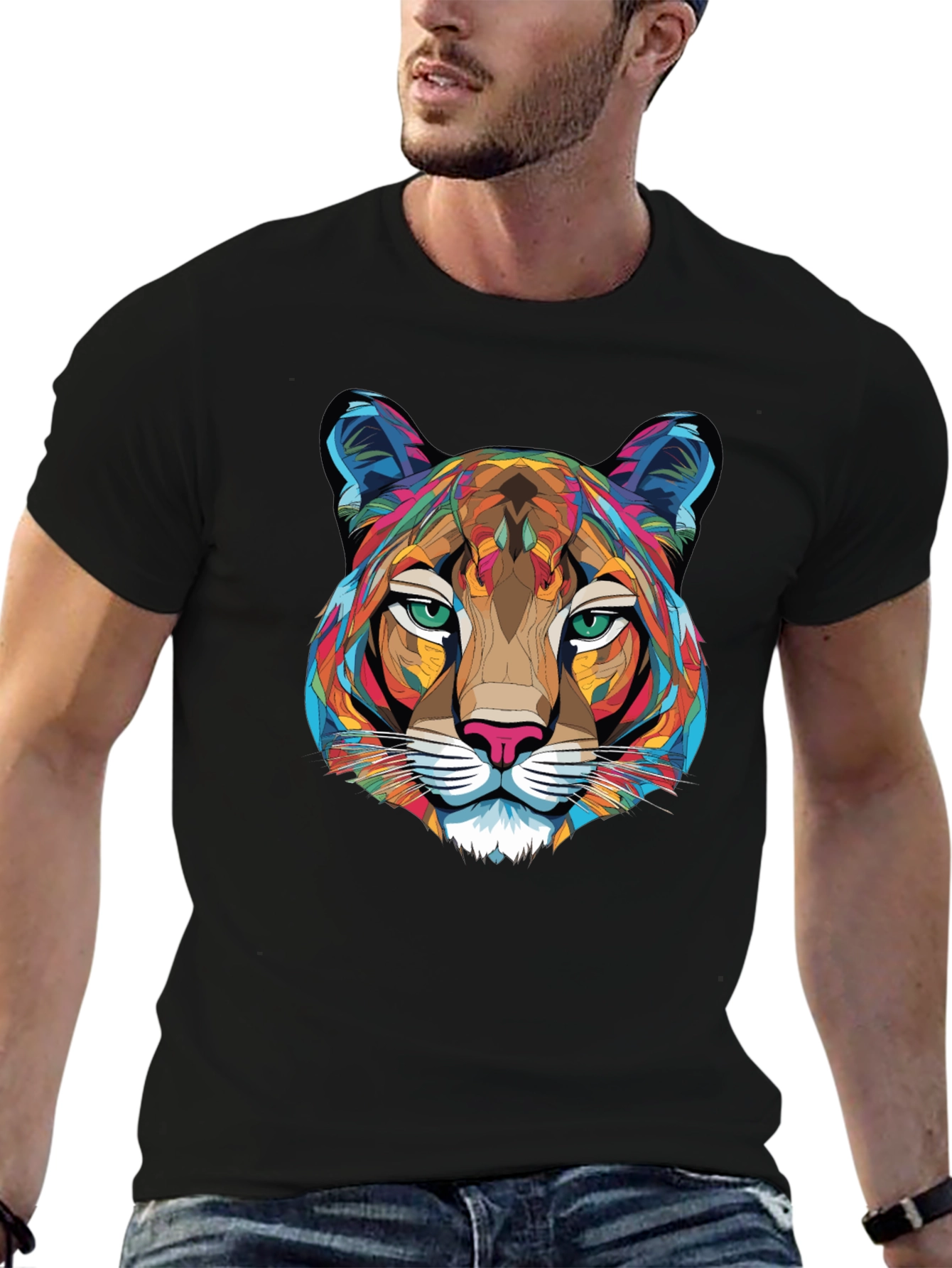 Geometric Cougar Graphic T-Shirt - Mens Black Tee