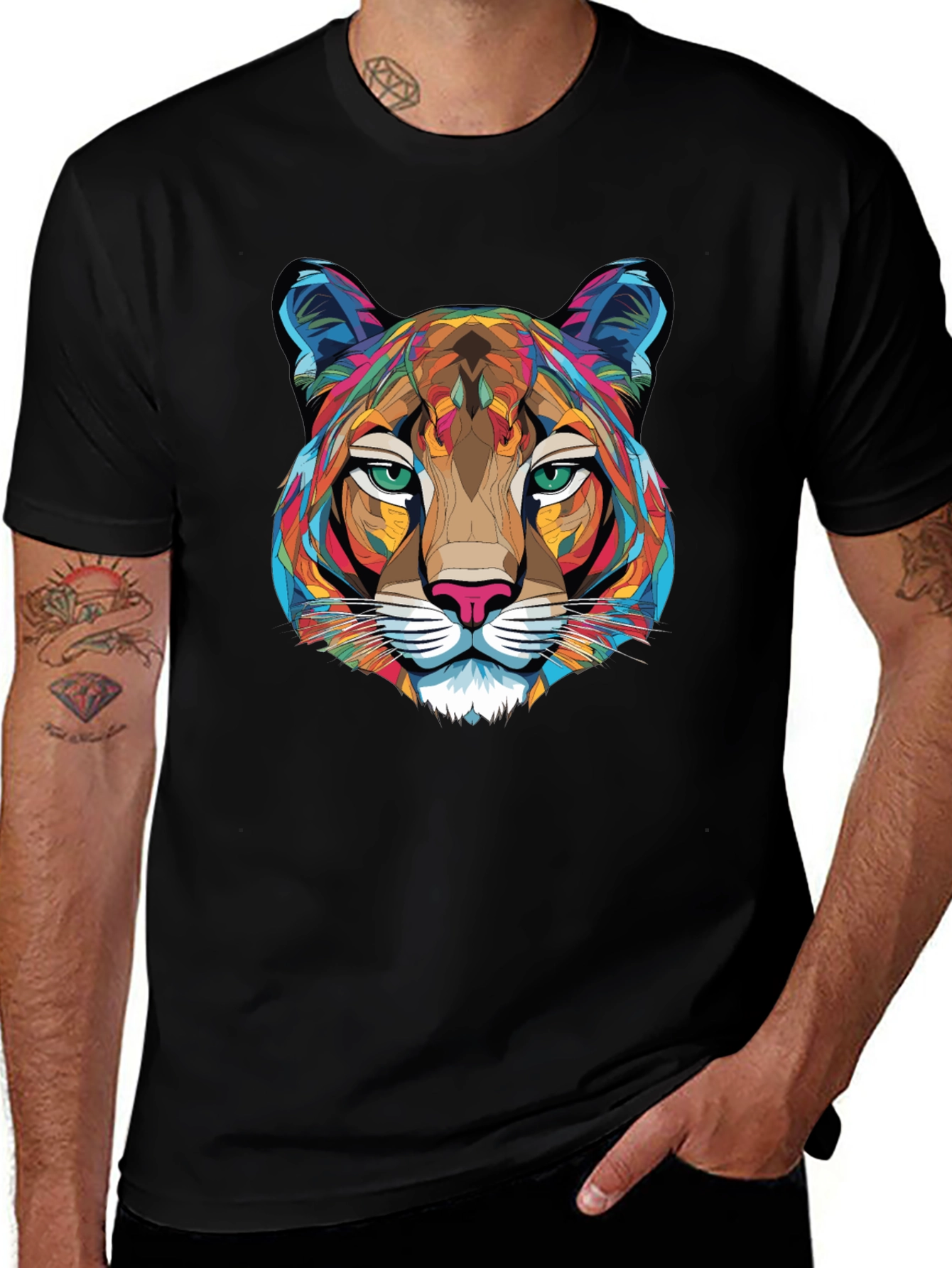 Geometric Cougar Graphic T-Shirt - Mens Black Tee