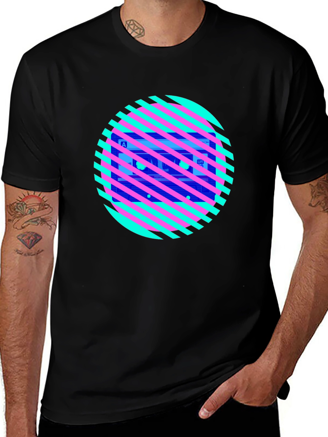 Retro Cassette Tape Graphic Tee - Striped Circle Design