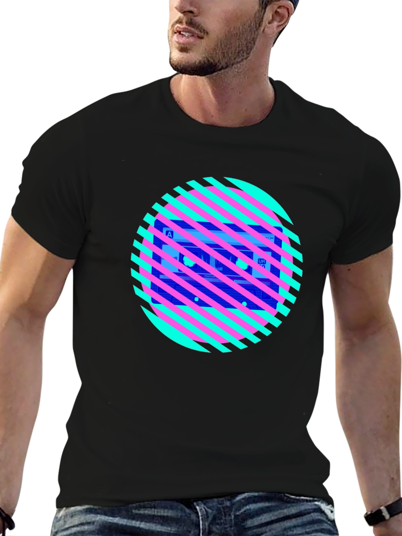 Retro Cassette Tape Graphic Tee - Striped Circle Design