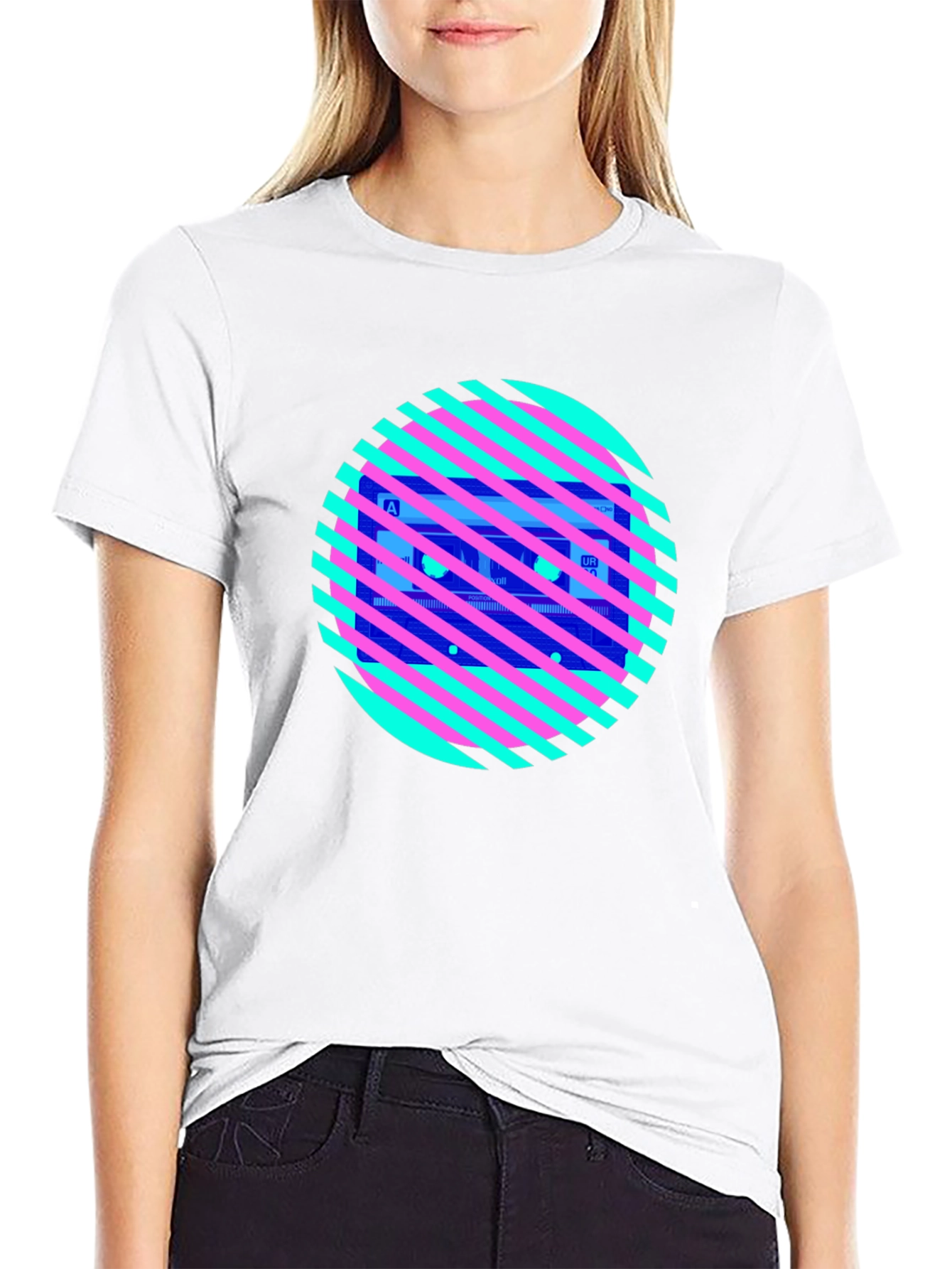 Retro Cassette Tape Graphic Tee - Striped Circle Design