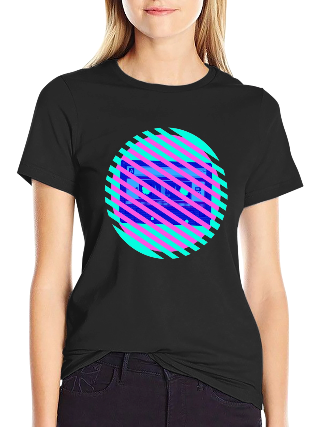 Retro Cassette Tape Graphic Tee - Striped Circle Design