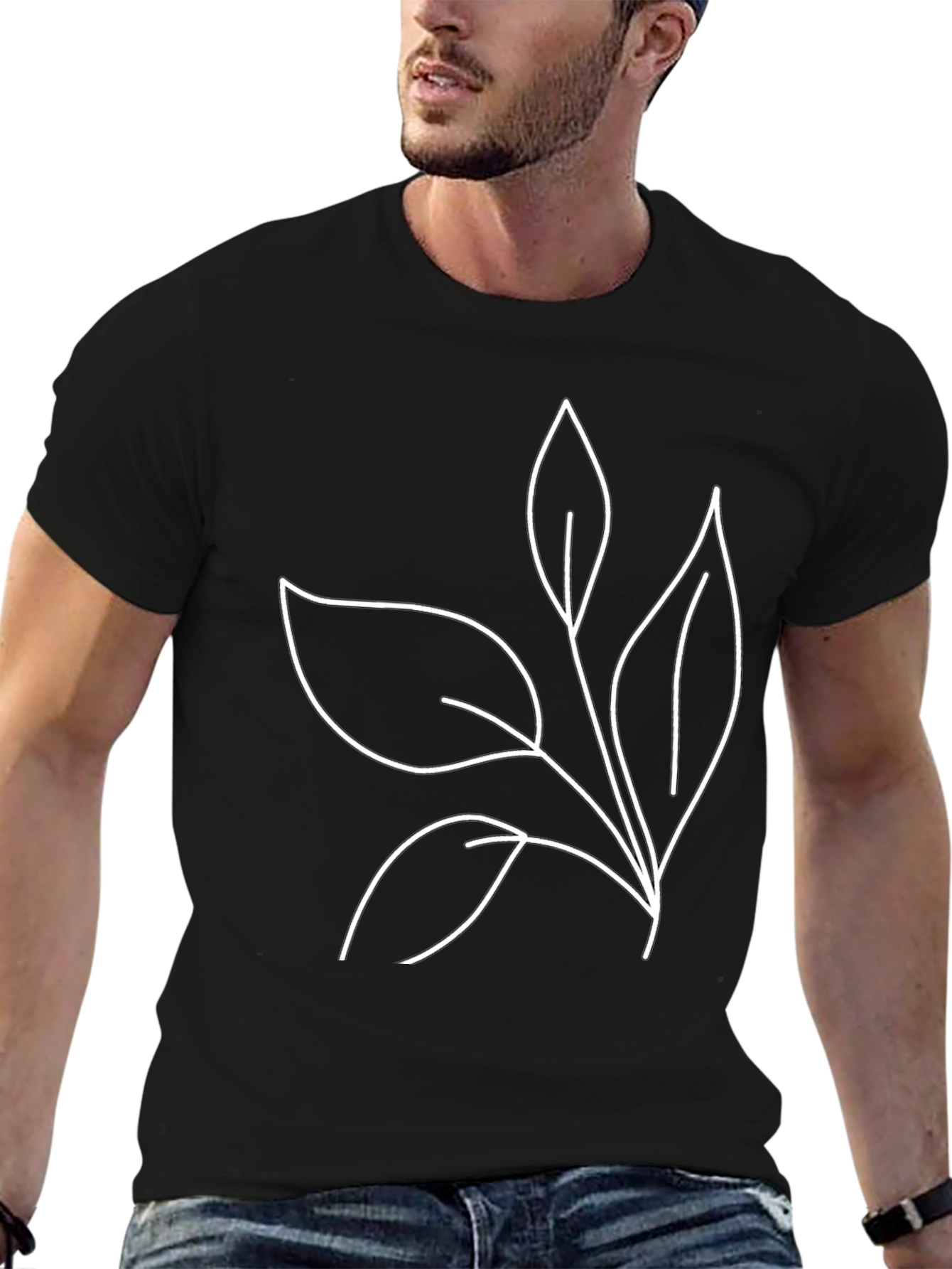 Minimalist Leaf Line Art Black T-Shirt