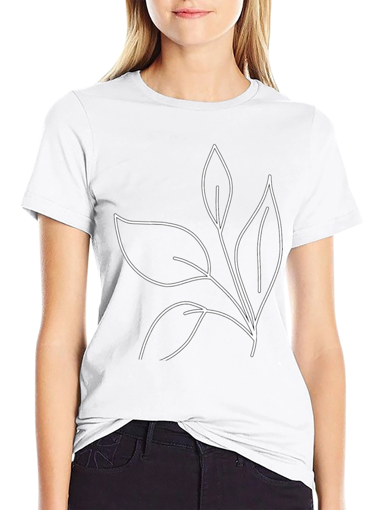 Minimalist Leaf Line Art Black T-Shirt