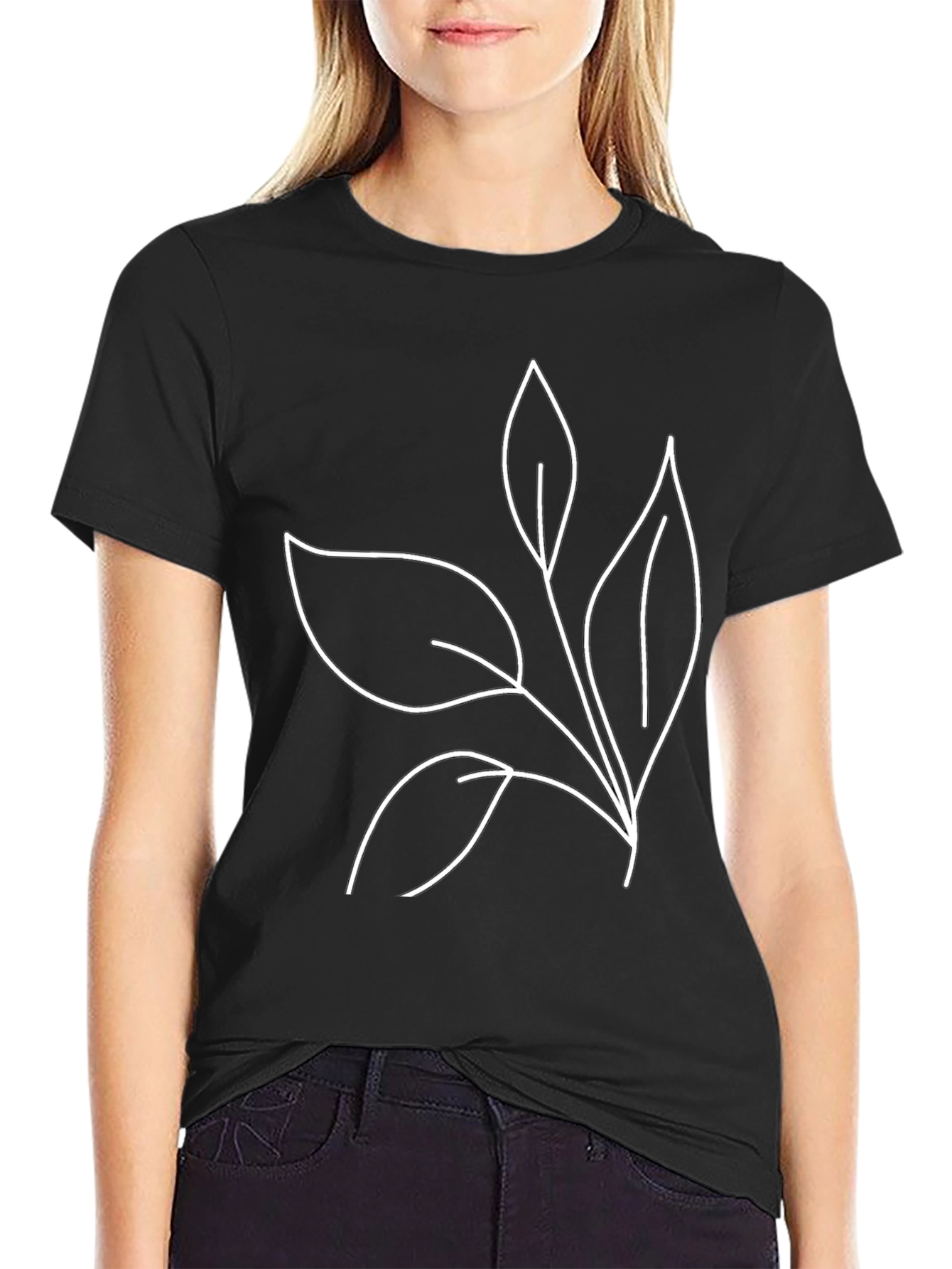 Minimalist Leaf Line Art Black T-Shirt