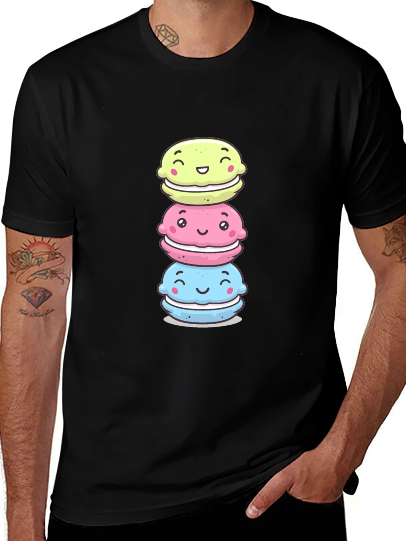 Cute Macaron Stack T-Shirt - Black