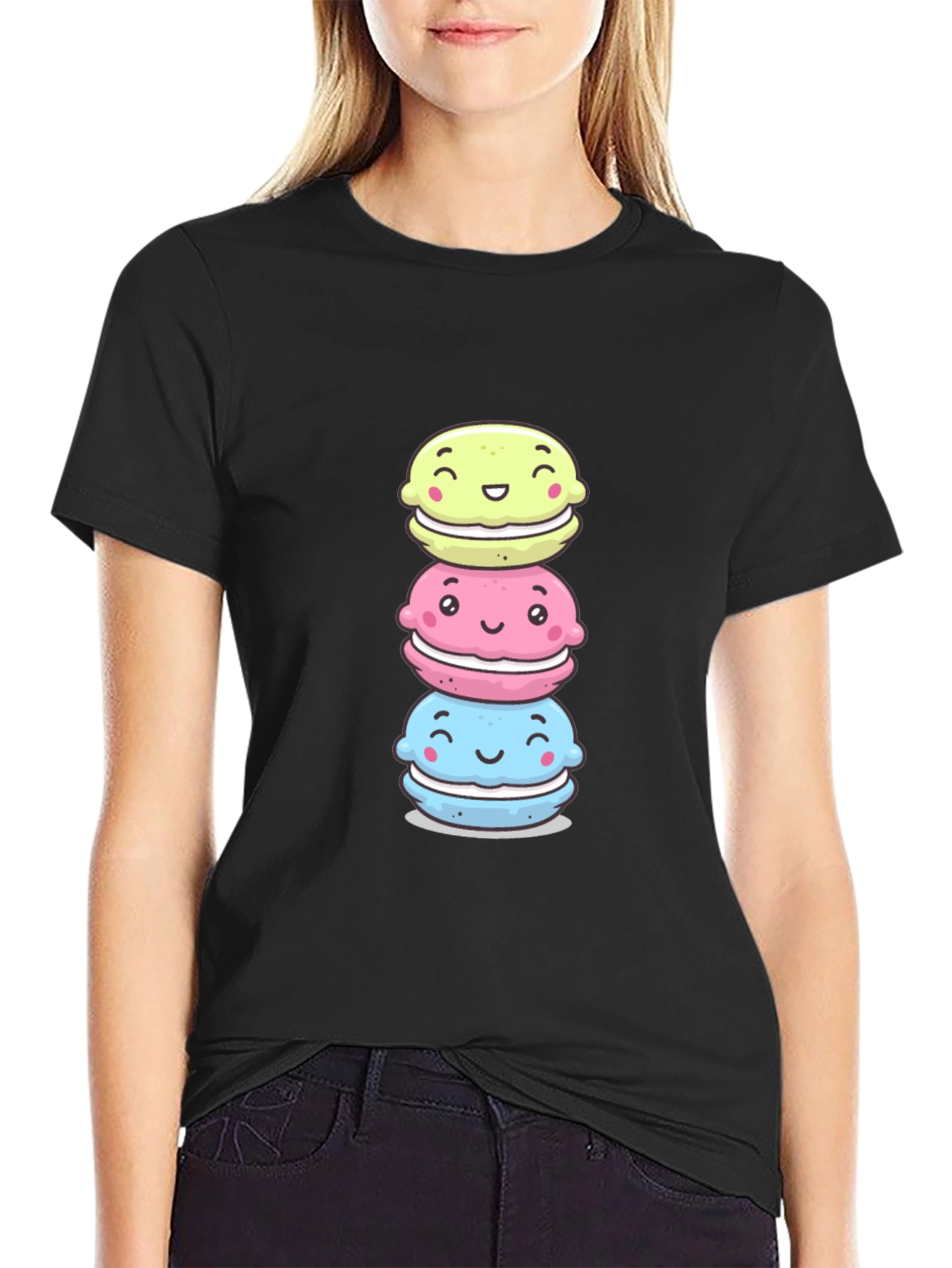 Cute Macaron Stack T-Shirt - Black