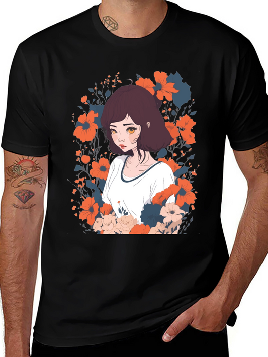 Floral Anime Girl Graphic Tee - Unisex Black T-Shirt