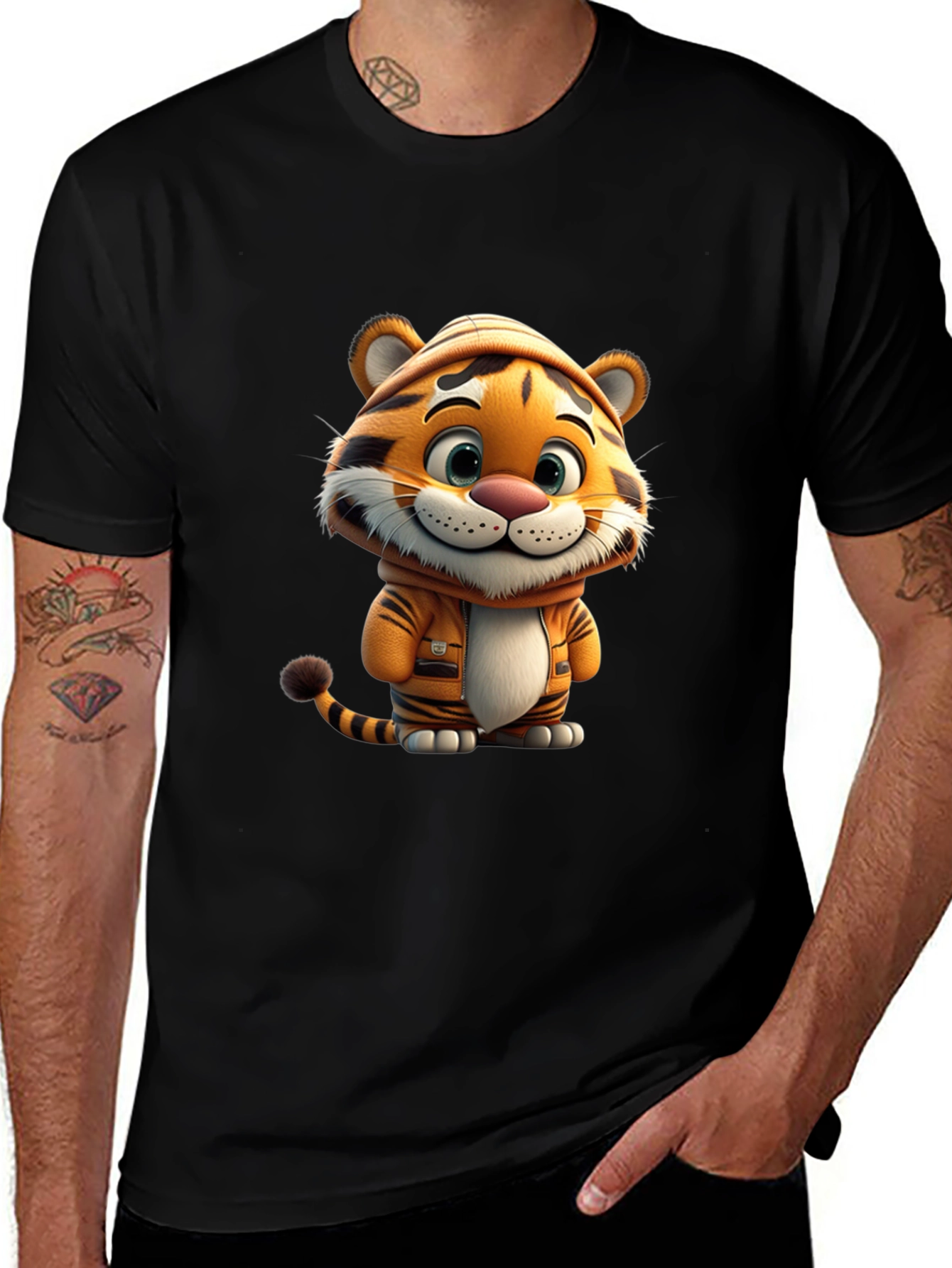 Cute Cartoon Tiger Black T-Shirt