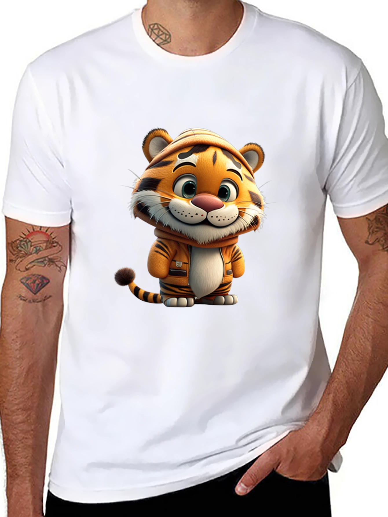 Cute Cartoon Tiger Black T-Shirt