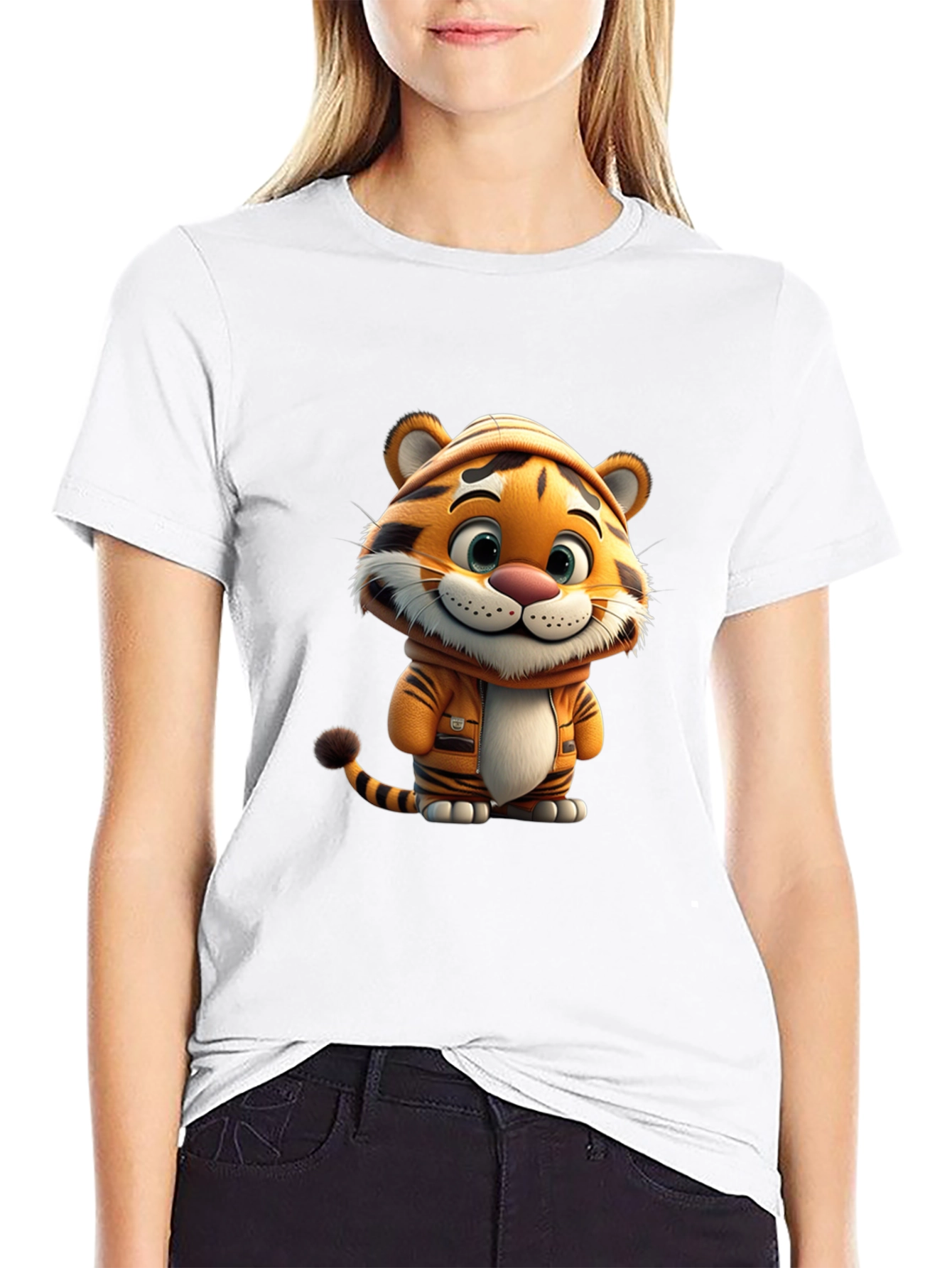 Cute Cartoon Tiger Black T-Shirt