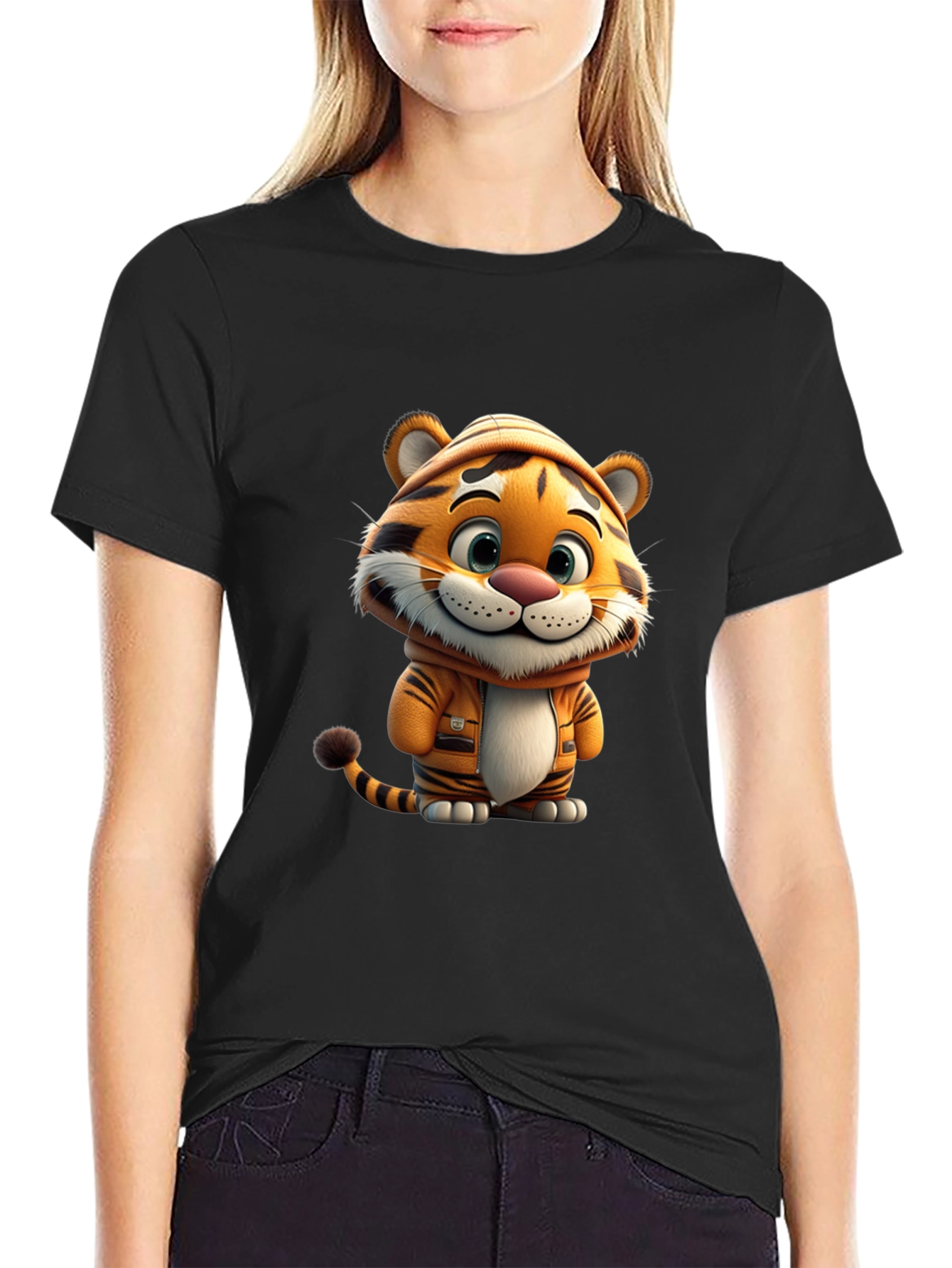 Cute Cartoon Tiger Black T-Shirt