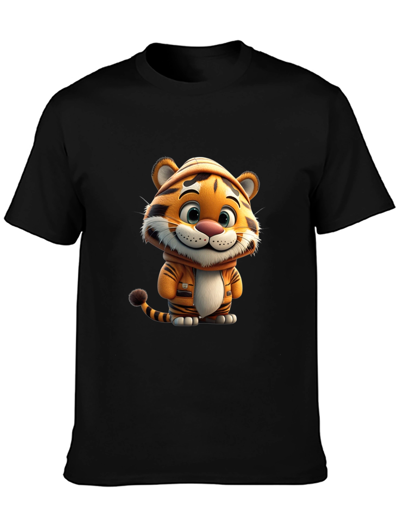 Cute Cartoon Tiger Black T-Shirt