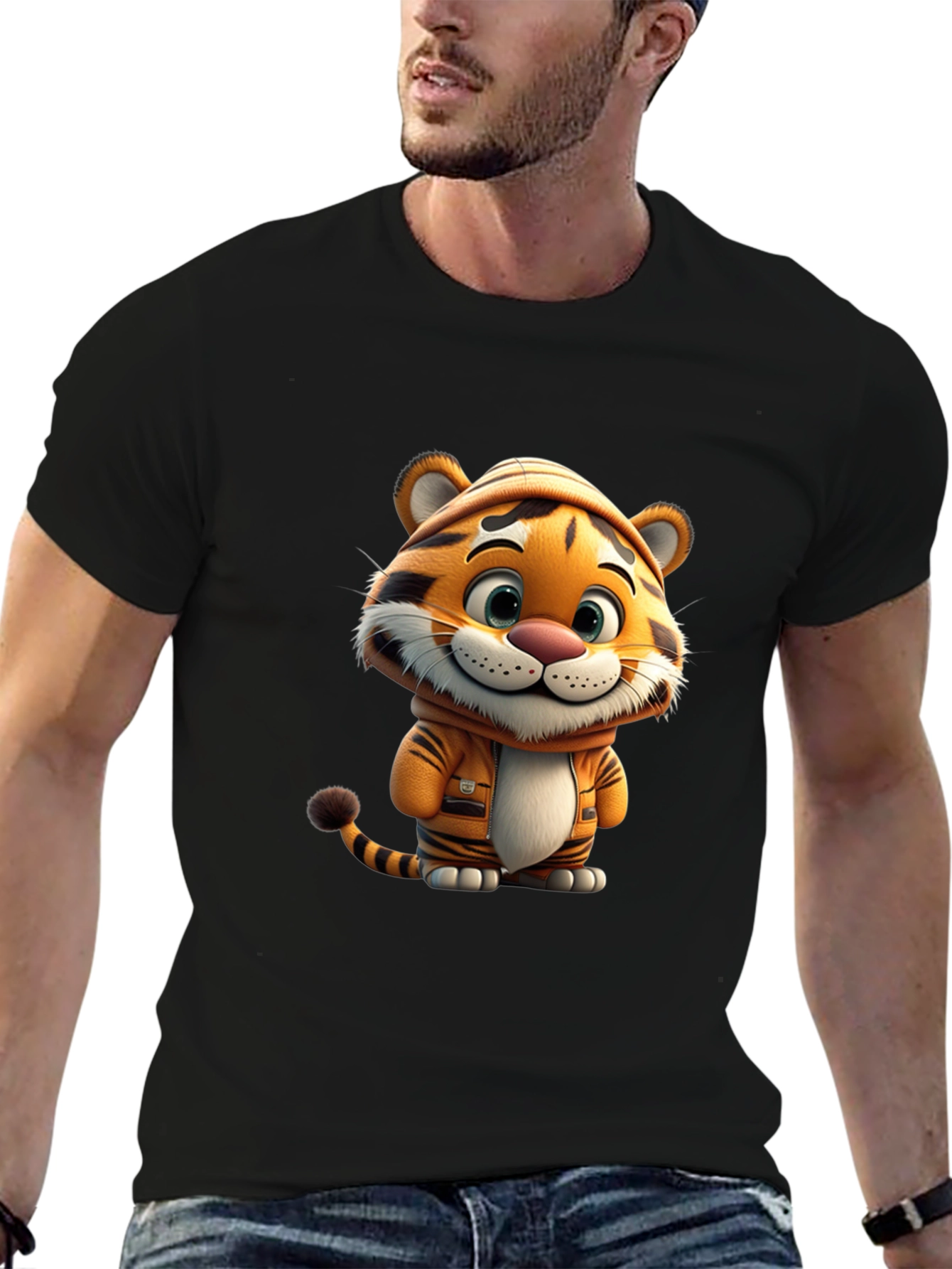 Cute Cartoon Tiger Black T-Shirt