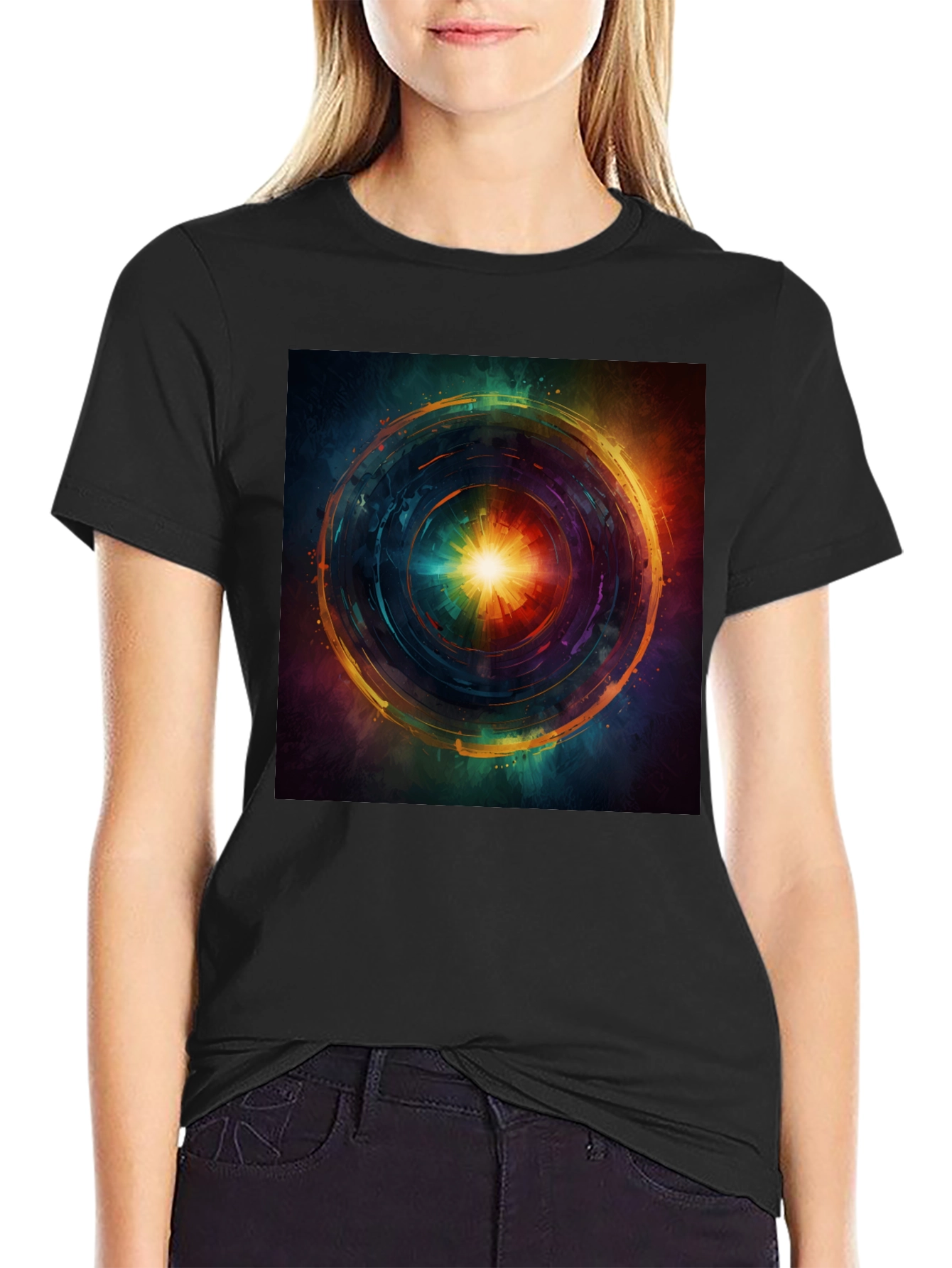 Abstract Vortex Graphic Print Black T-Shirt