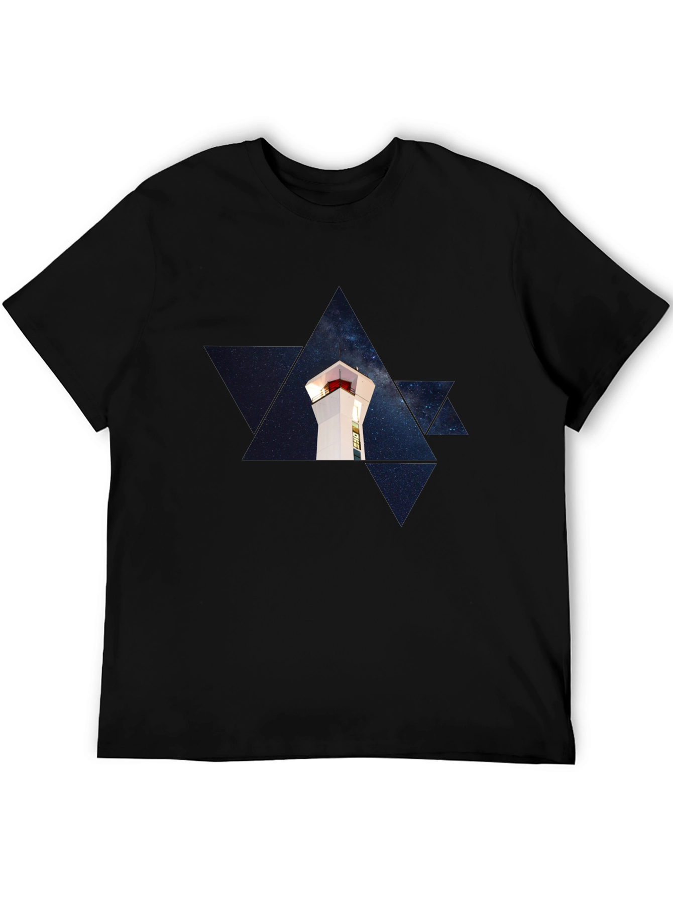 Starry Lighthouse Black Tee - Unique Graphic Print