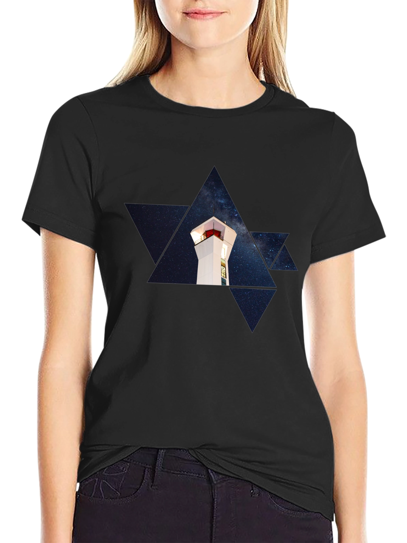Starry Lighthouse Black Tee - Unique Graphic Print