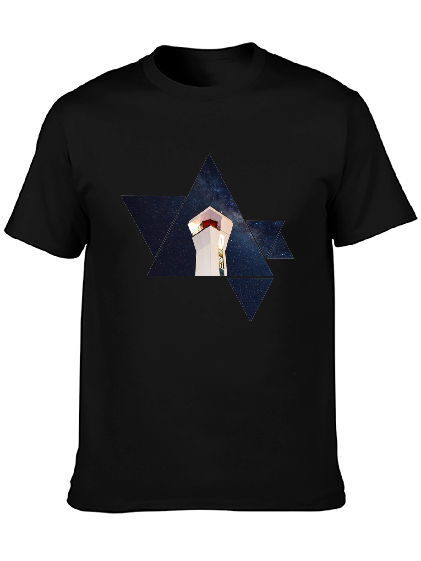 Starry Lighthouse Black Tee - Unique Graphic Print