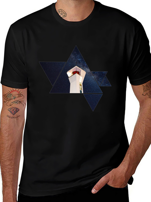 Starry Lighthouse Black Tee - Unique Graphic Print