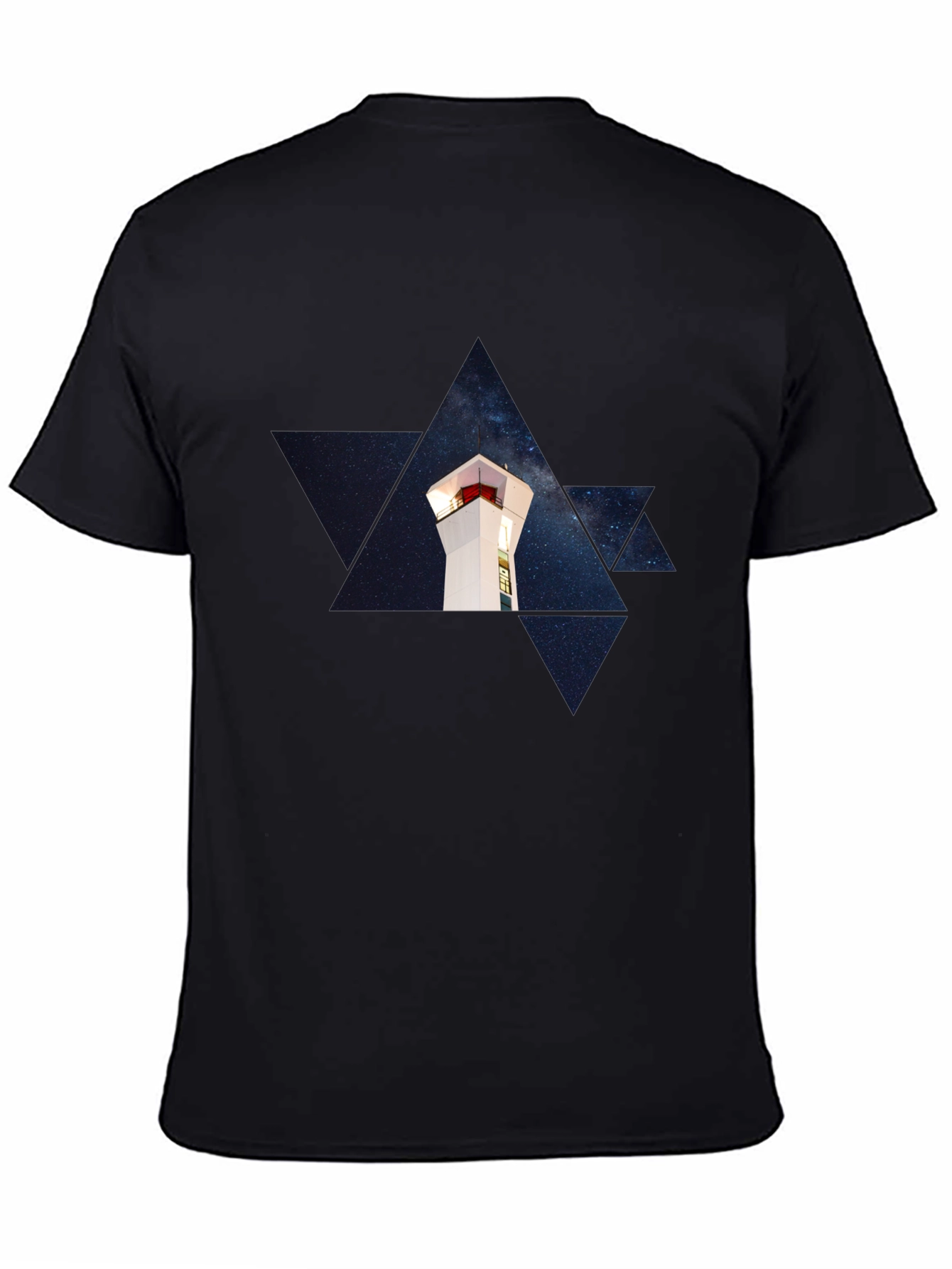 Starry Lighthouse Black Tee - Unique Graphic Print