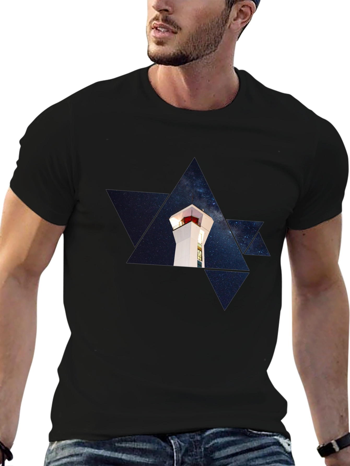 Starry Lighthouse Black Tee - Unique Graphic Print
