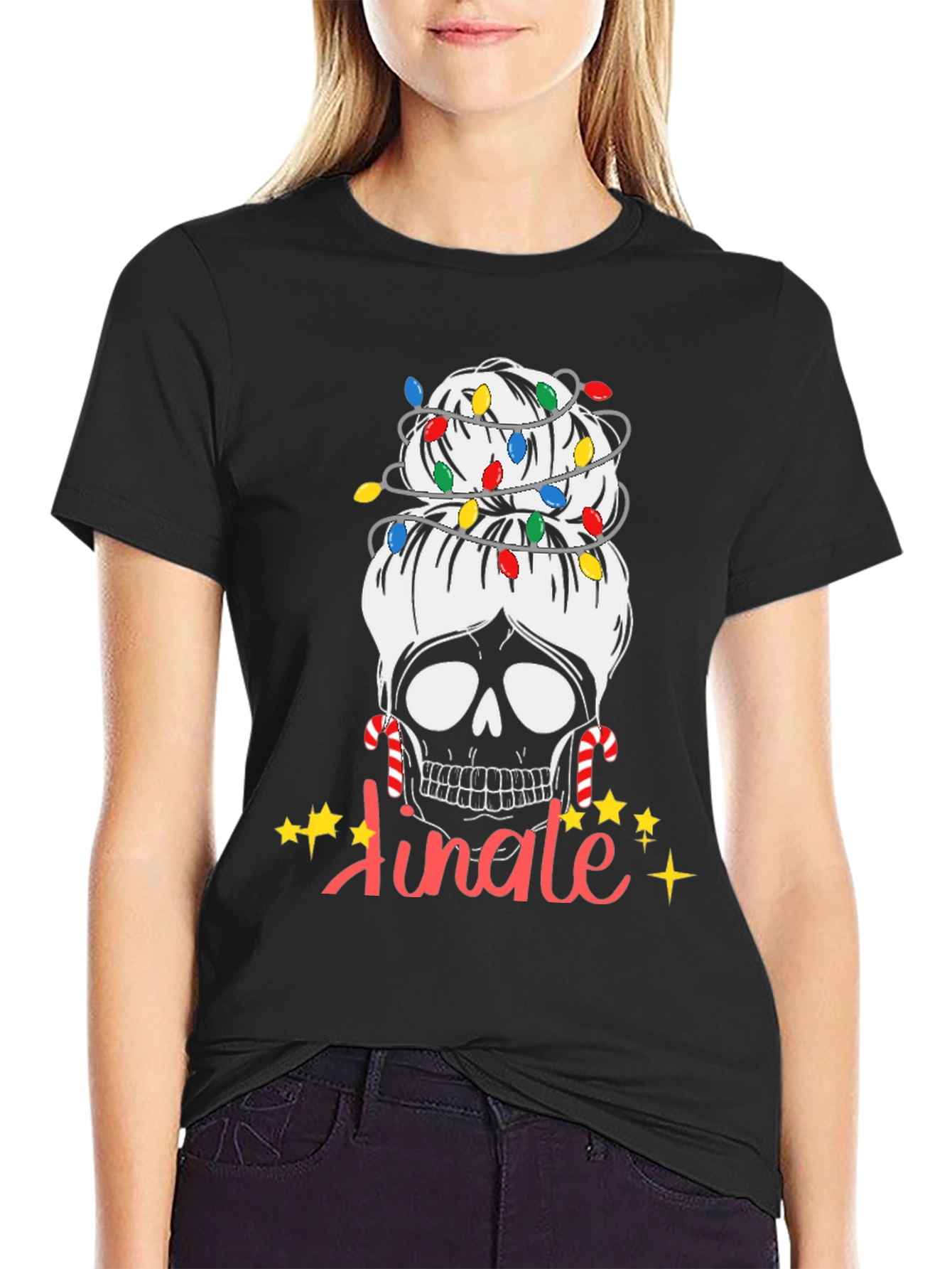 Jingle Skull Messy Bun Christmas T-Shirt